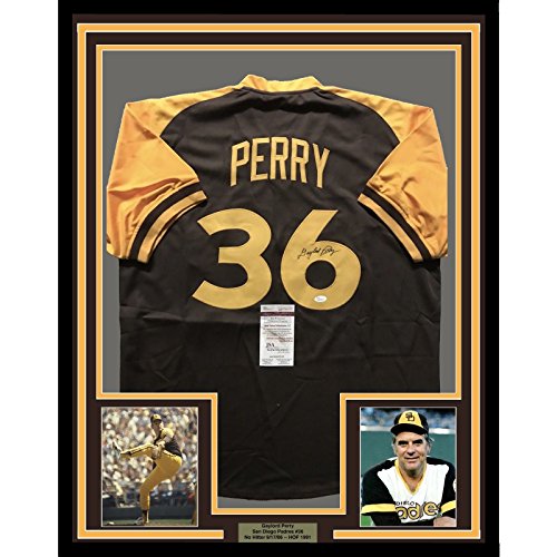 Framed Autographed/Signed Gaylord Perry 33x42 San Diego Brown Baseball Jersey JSA COA