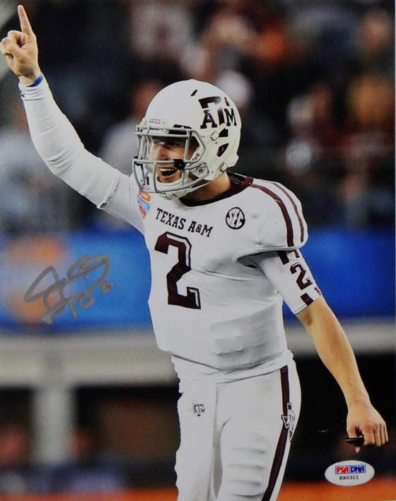 Johnny Manziel Autographed Texas A&M 8x10 Pointing White Jersey Photo- PSA/DNA Auth Silver - 757 Sports Collectibles