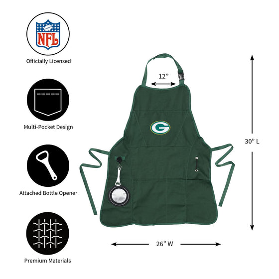 Team Sports America NFL Green Bay Packers Ultimate Grilling Apron Durable Cotton with Beverage Opener and Multi Tool For Football Fans Fathers Day and More - 757 Sports Collectibles