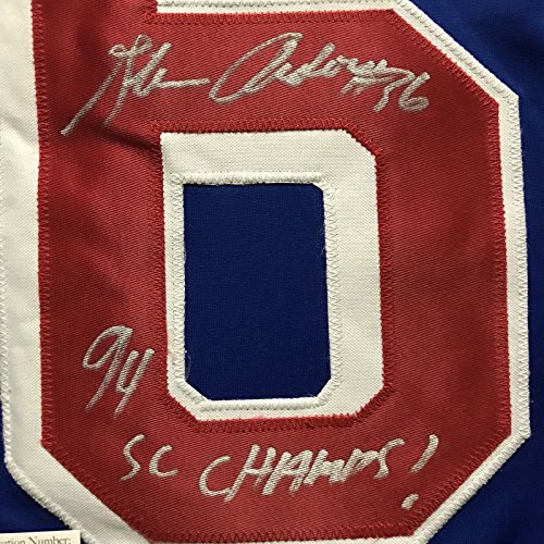 Framed Autographed/Signed Glenn Anderson"94 SC Champs" 33x42 New York Blue Hockey Jersey JSA COA - 757 Sports Collectibles