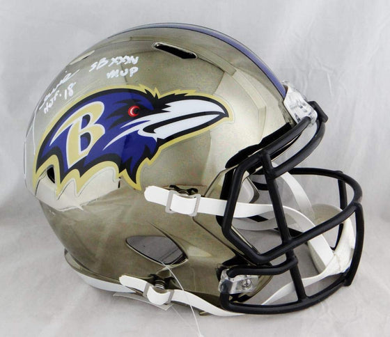 Ray Lewis Full Name Autographed Ravens F/S Chrome Helmet w/HOF& SB MVP- Beckett Auth White - 757 Sports Collectibles