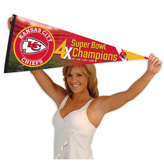 Chiefs Super Bowl 2024 and 4 Time Champions Full Size Large Pennant - 757 Sports Collectibles