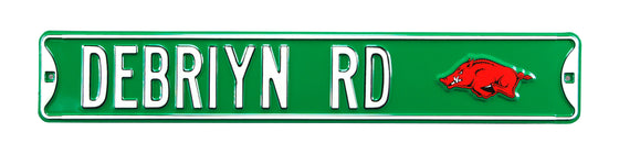 Arkansas Razorbacks Steel Street Sign with Logo-DEBRIYN RD on Green