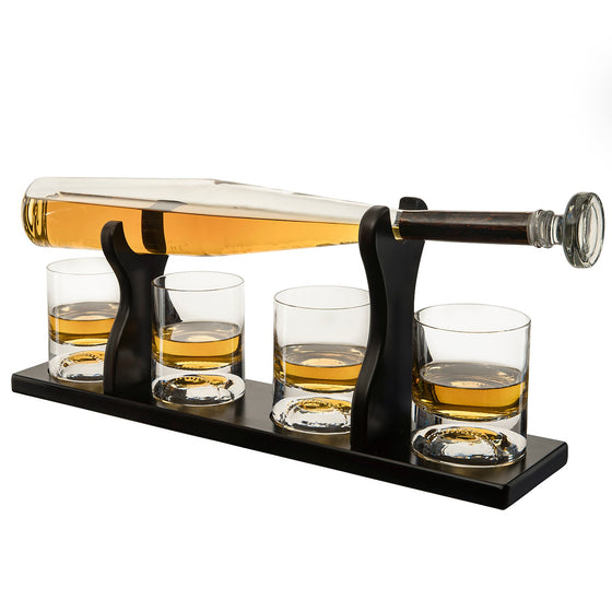 Baseball Bat Whiskey Decanter Set with 4 Baseball Glasses - 757 Sports Collectibles