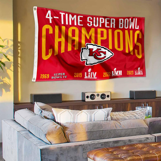 Kansas City Chiefs 4 Time Super Bowl Champions Flag Outdoor Indoor 3x5 Foot Banner - 757 Sports Collectibles