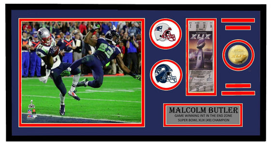 New England Patriots Super Bowl XLIX Malcolm Butler Ticket & Coin Framed Collection 32x17 - 757 Sports Collectibles