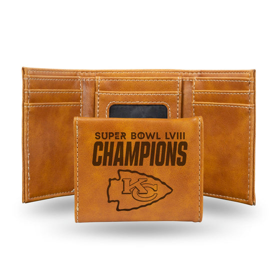Rico Industries NFL Football Kansas City Chiefs 2024 Super Bowl Champions Laser Engraved Tri-Fold Wallet - Men's Accessory - 757 Sports Collectibles
