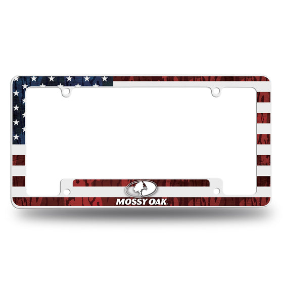 MOSSY OAK AMERICA : BTM CAMO BKG / FULL COLOR AMERICAN FLAG W/ WHITE STRIPES - ALL OVER CHROME FRAME (BOTTOM ORIENTED)