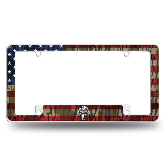 MOSSY OAK AMERICA : BTM CAMO BKG / FULL COLOR AMERICAN FLAG W/ CAMO STRIPES - ALL OVER CHROME FRAME (BOTTOM ORIENTED)