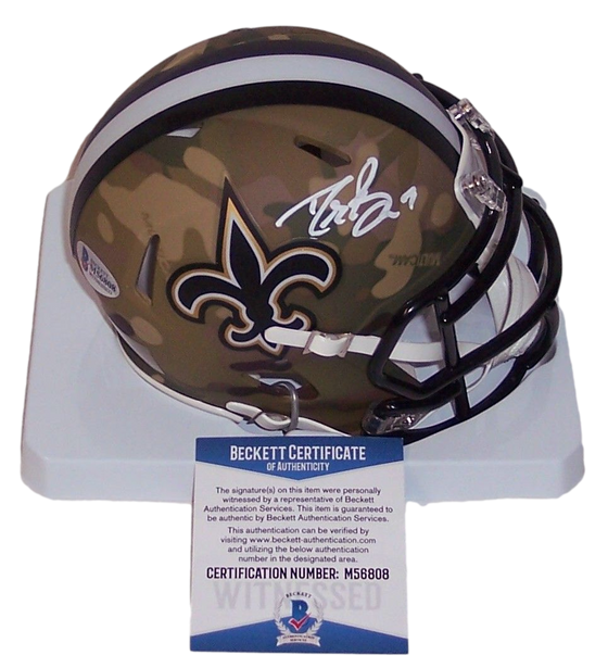 New Orleans Saints Drew Brees Autograph Signed Speed Camo Mini Helmet - Beckett BAS W COA - 757 Sports Collectibles