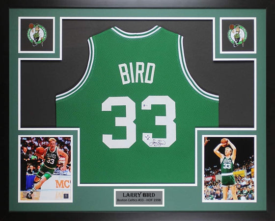 Boston Celtics Larry Bird Autographed Framed Green Jersey Beckett Authenticated & Larry Bird Hologram - 757 Sports Collectibles