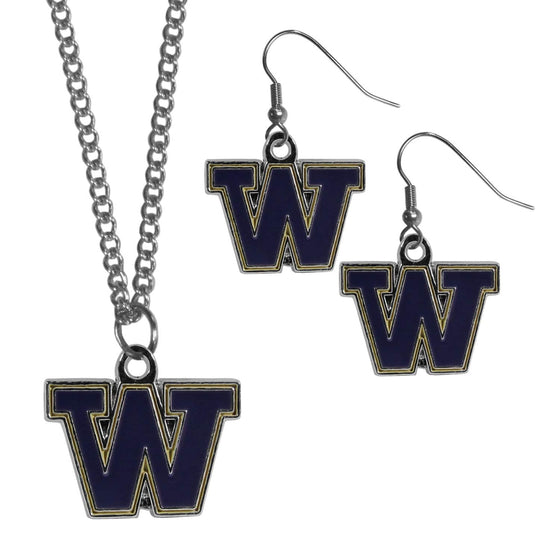 Washington Huskies Dangle Earrings and Chain Necklace Set (SSKG) - 757 Sports Collectibles