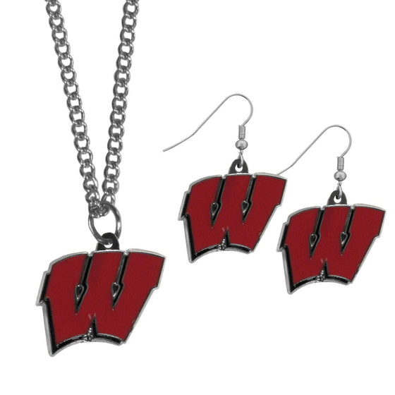 Wisconsin Badgers Dangle Earrings and Chain Necklace Set (SSKG) - 757 Sports Collectibles