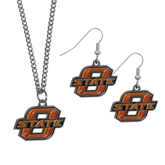 Oklahoma St. Cowboys Dangle Earrings and Chain Necklace Set (SSKG) - 757 Sports Collectibles