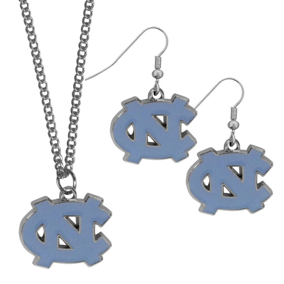 N. Carolina Tar Heels Dangle Earrings and Chain Necklace Set (SSKG) - 757 Sports Collectibles