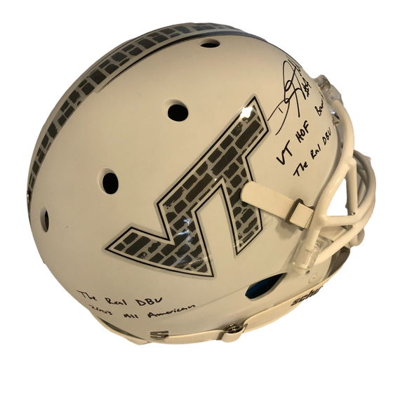 Virginia Tech Hokies DeAngelo Hall 4 Inscriptions Signed Auto Wht Brick Full Size Replica Helmet JSA COA - 757 Sports Collectibles