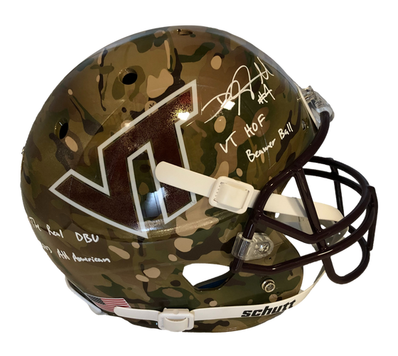 Virginia Tech Hokies DeAngelo Hall 4 Inscriptions Signed Auto Camo Full Size Replica Helmet JSA COA - 757 Sports Collectibles