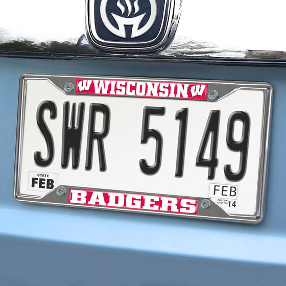 Wisconsin Badgers Chrome Metal License Plate Frame, 6.25in x 12.25in