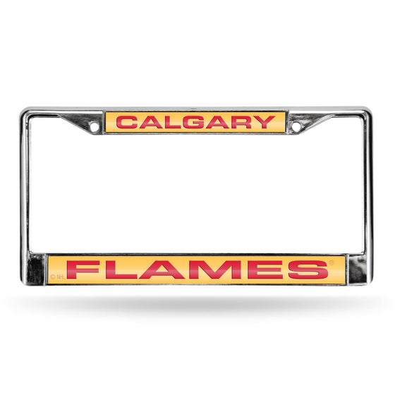 CALGARY FLAMES LASER CHROME FRAME  - YELLOW BACKGROUND WITH RED LETTERS (Rico) - 757 Sports Collectibles