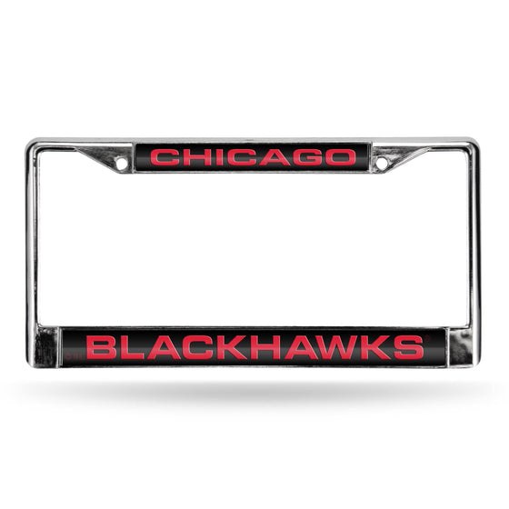 Chicago BLACKHAWKS LASER CHROME FRAME  - BLACK BACKGROUND WITH RED LETTERS (Rico) - 757 Sports Collectibles