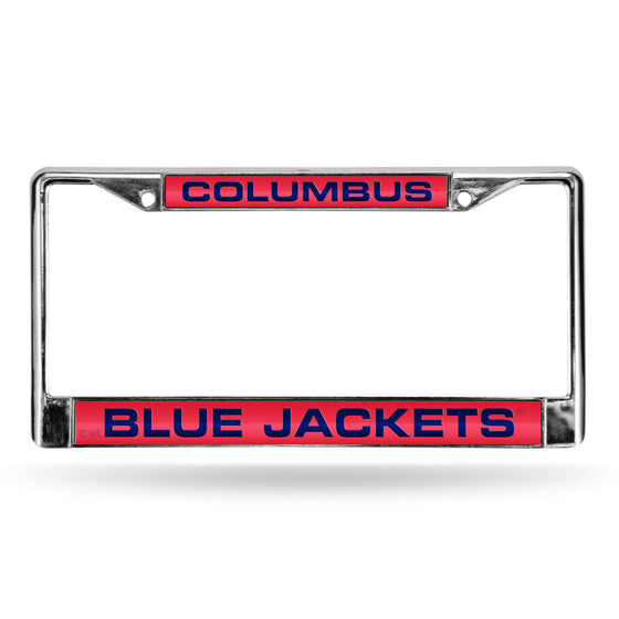 COLUMBUS BLUE JACKETS LASER CHROME FRAME  -RED BACKGROUND WITH NAVY LETTERS (Rico) - 757 Sports Collectibles