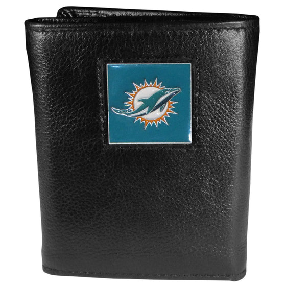 Miami Dolphins Deluxe Leather Tri-fold Wallet Packaged in Gift Box (SSKG) - 757 Sports Collectibles