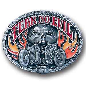 Fear No Evil Skull/Motorcycle Enameled Belt Buckle (SSKG) - 757 Sports Collectibles