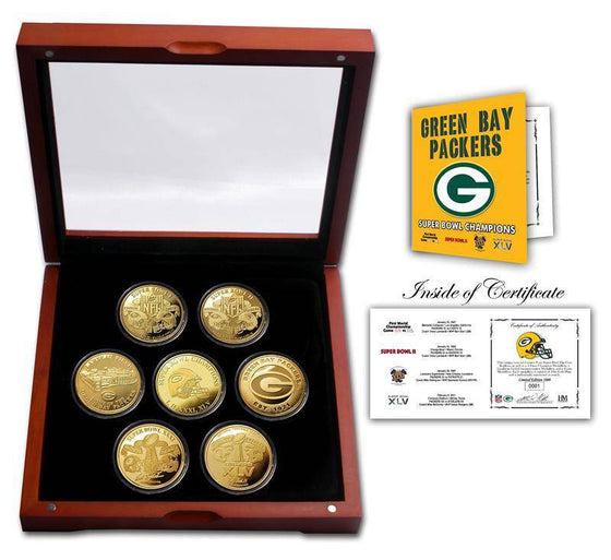 Green Bay Packers 24KT Gold plated 7 Coin Super Bowl Champions Set (HM) - 757 Sports Collectibles