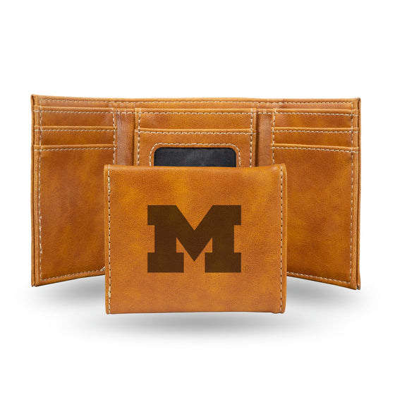 NCAA Michigan Wolverines Laser Engraved Brown Tri-Fold Wallet   