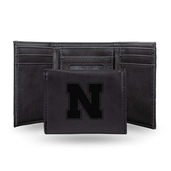 NCAA Nebraska Cornhuskers Laser Engraved Black Tri-Fold Wallet   