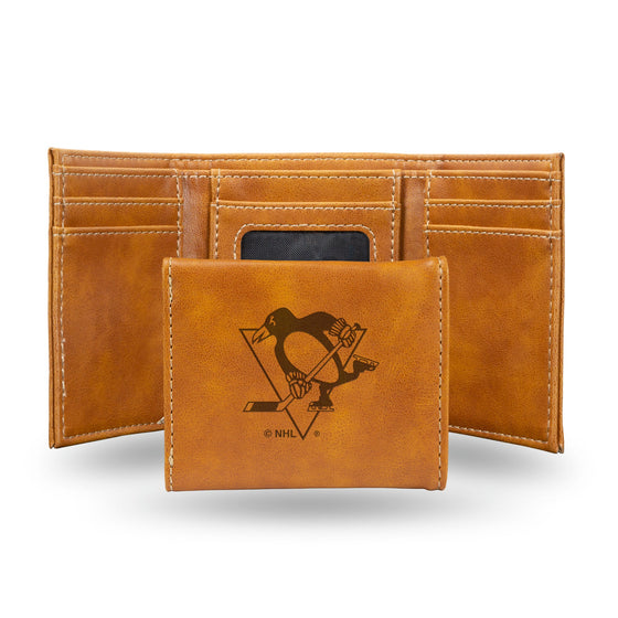 NHL Pittsburgh Penguins Laser Engraved Brown Tri-Fold Wallet   