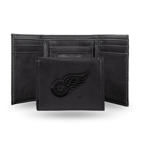 NHL Detroit Red Wings Laser Engraved Black Tri-Fold Wallet   