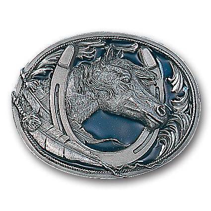 Horse Head in Horseshoe Enameled Belt Buckle (SSKG) - 757 Sports Collectibles