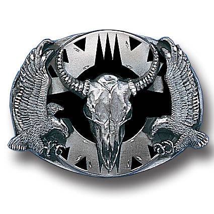 Buffalo Skull/Eagles (Diamond Cut) Enameled Belt Buckle (SSKG) - 757 Sports Collectibles