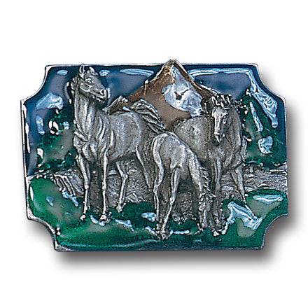 Horses Grazing Enameled Belt Buckle (SSKG) - 757 Sports Collectibles