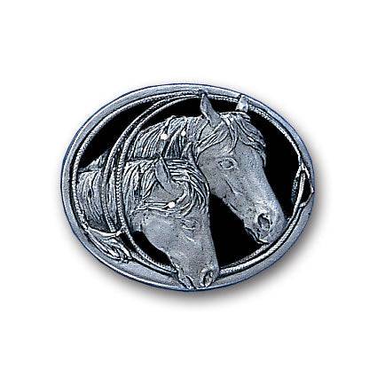 Horse Heads (Diamond Cut) Small Enameled Belt Buckle (SSKG) - 757 Sports Collectibles