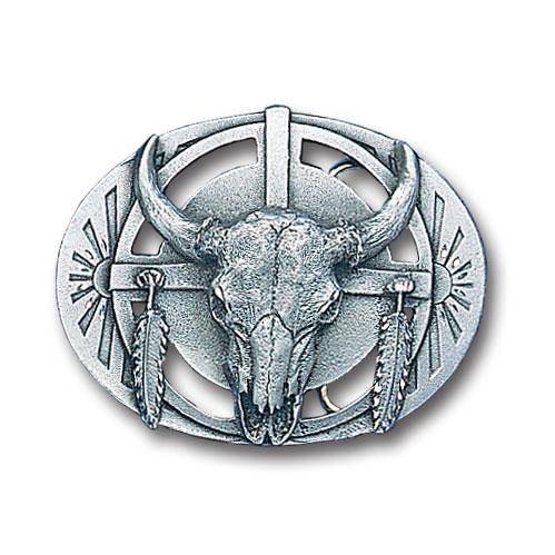 Buffalo Skull/Feathers Antiqued Belt Buckle (SSKG) - 757 Sports Collectibles