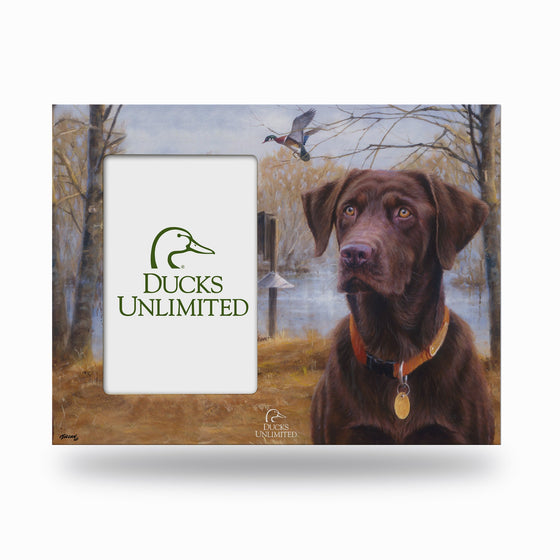 Ducks Unlimited - Great Retriever-Chocolate Lab & Wood Duck -  Wood Picture Frame (Wide Orientation)