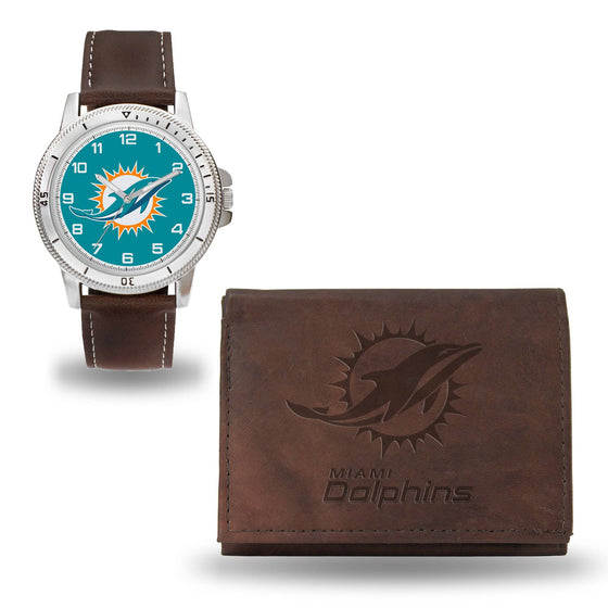 Miami DOLPHINS BROWN WATCH AND WALLET (Rico) - 757 Sports Collectibles