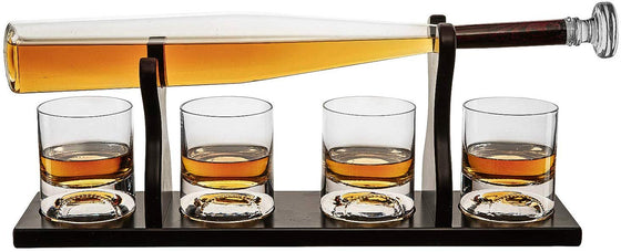 Baseball Bat Whiskey Decanter Set with 4 Baseball Glasses - 757 Sports Collectibles