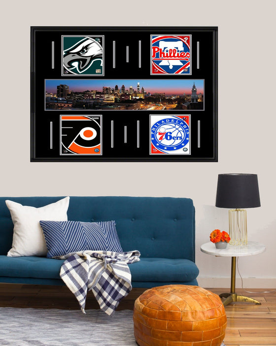 Philadelphia Skyline Super Deluxe Framed Panorama Four Team Eagles, Phillies, Flyers, Sixers 45x35