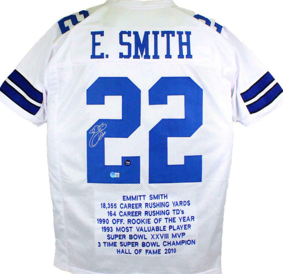 Emmitt Smith Autographed White Pro Style STAT Jersey- Beckett W Hologram *Silver - 757 Sports Collectibles