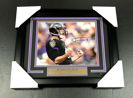 JUSTIN TUCKER AUTOGRAPHED SIGNED 8X10 PHOTO #3 BALTIMORE RAVENS FRAMED JSA COA