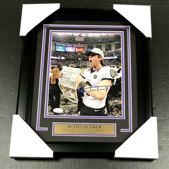 JUSTIN TUCKER AUTOGRAPHED SIGNED 8X10 PHOTO #7 BALTIMORE RAVENS FRAMED JSA COA