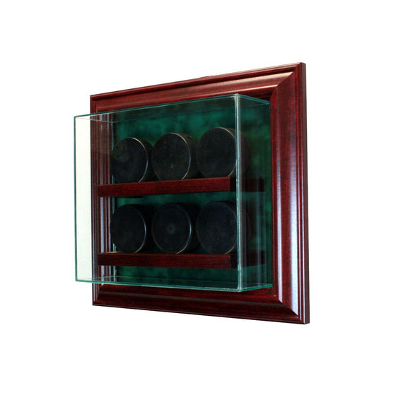 6 Hockey Puck Cabinet Display Case Made in USA Hinged Door Glass Suede NHL UV