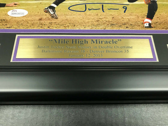 JUSTIN TUCKER AUTOGRAPHED 8X10 MILE HIGH MIRACLE PHOTO #2 RAVENS FRAMED JSA COA