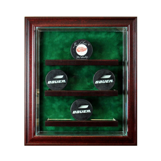 9 Puck Cabinet Style Display Case Nine Hockey Hinged Door Glass Suede NHL