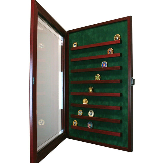 64 Coin Cabinet Style Display Case Challenge Coin Hinged Door Glass Suede