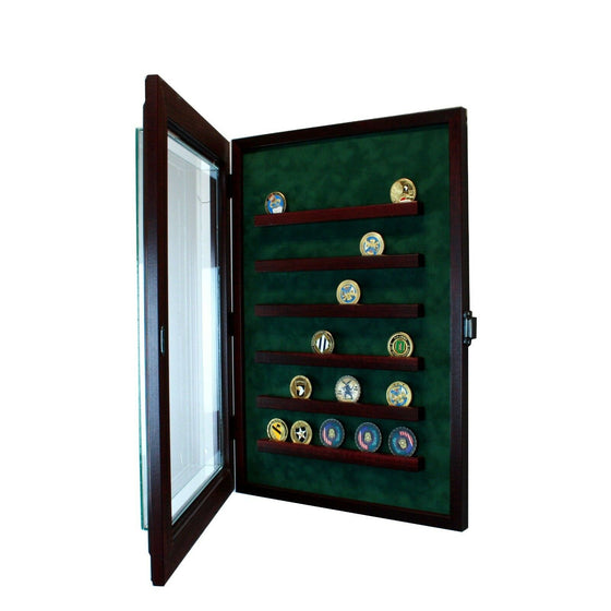 36 Coin Cabinet Style Display Case Challenge Coin Hinged Door Glass Suede