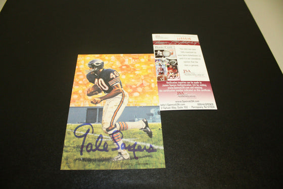 CHICAGO BEARS GALE SAYERS SIGNED GOAL LINE ART CARD HOF 1977 JSA